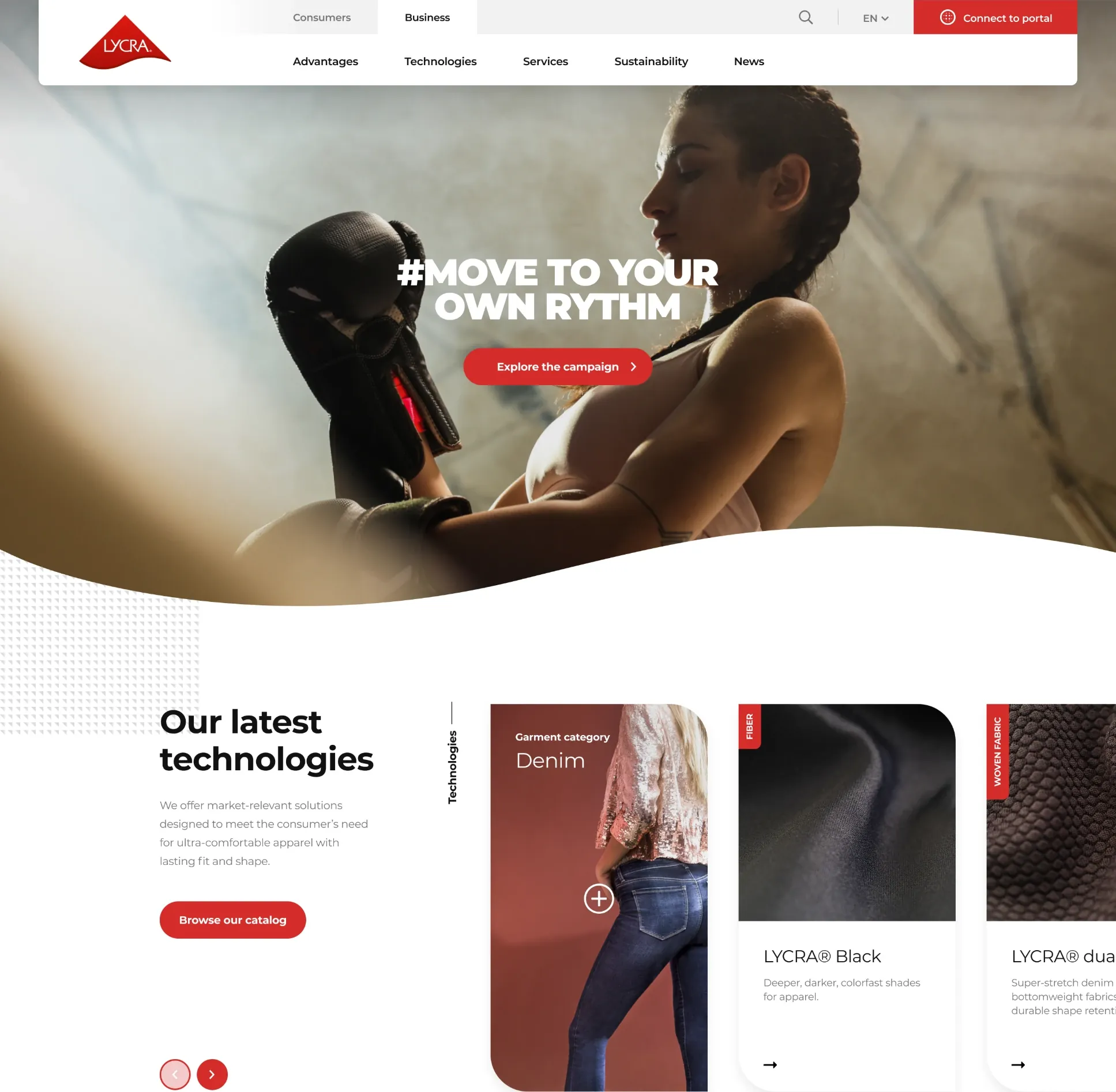 Page d’accueil B2B de The LYCRA Company, interface livrée